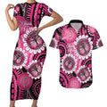 Personalised Australia Indigenous Couples Matching Short Sleeve Bodycon Dress and Hawaiian Shirt Breast Cancer Ribbon Think Pink - Black Version LT14