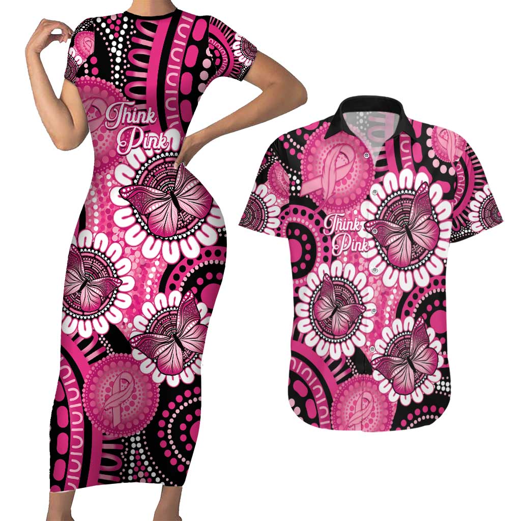 Personalised Australia Indigenous Couples Matching Short Sleeve Bodycon Dress and Hawaiian Shirt Breast Cancer Ribbon Think Pink - Black Version LT14