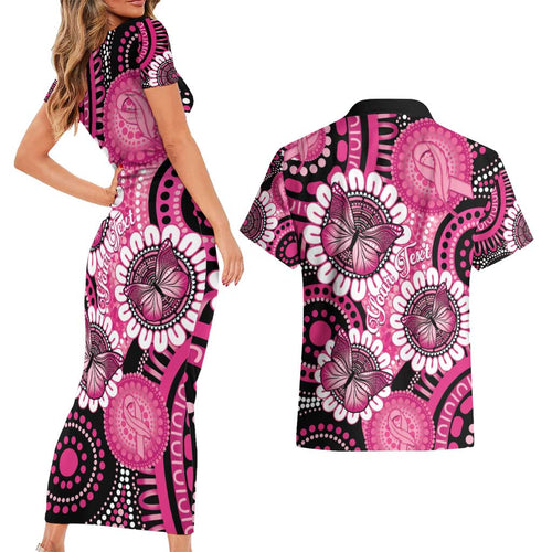 Personalised Australia Indigenous Couples Matching Short Sleeve Bodycon Dress and Hawaiian Shirt Breast Cancer Ribbon Think Pink - Black Version LT14