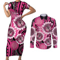 Personalised Australia Indigenous Couples Matching Short Sleeve Bodycon Dress and Long Sleeve Button Shirt Breast Cancer Ribbon Think Pink - Black Version LT14