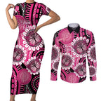 Personalised Australia Indigenous Couples Matching Short Sleeve Bodycon Dress and Long Sleeve Button Shirt Breast Cancer Ribbon Think Pink - Black Version LT14