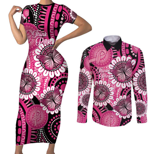 Personalised Australia Indigenous Couples Matching Short Sleeve Bodycon Dress and Long Sleeve Button Shirt Breast Cancer Ribbon Think Pink - Black Version LT14