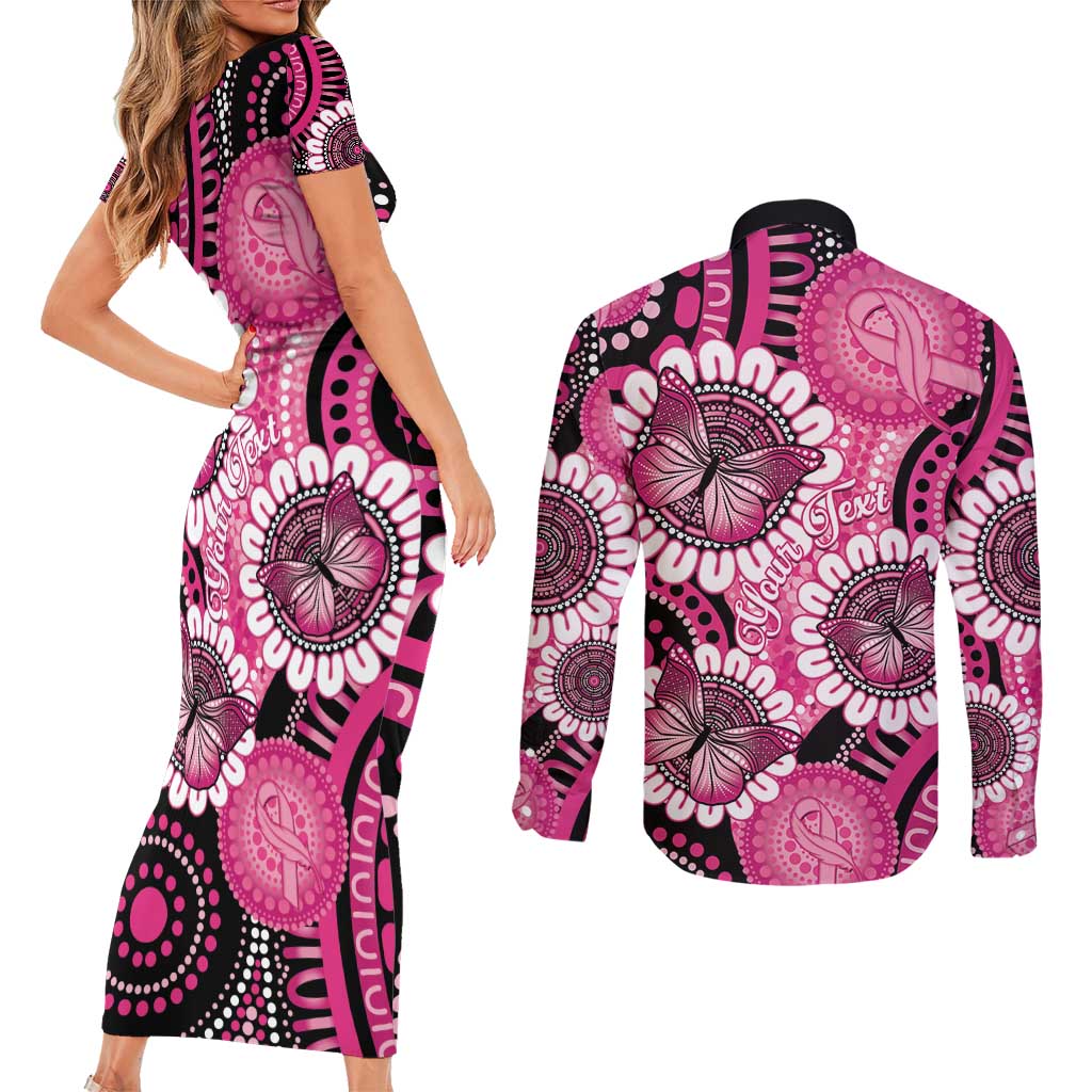 Personalised Australia Indigenous Couples Matching Short Sleeve Bodycon Dress and Long Sleeve Button Shirt Breast Cancer Ribbon Think Pink - Black Version LT14