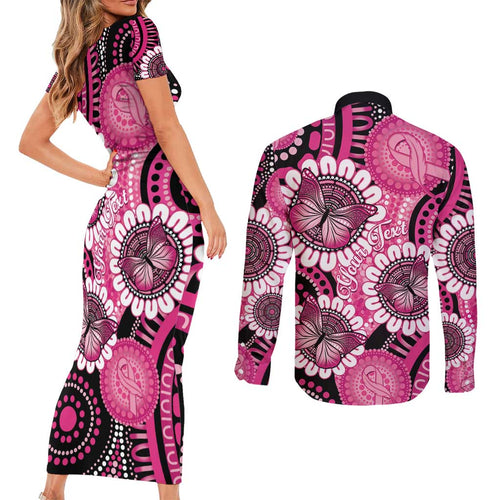 Personalised Australia Indigenous Couples Matching Short Sleeve Bodycon Dress and Long Sleeve Button Shirt Breast Cancer Ribbon Think Pink - Black Version LT14