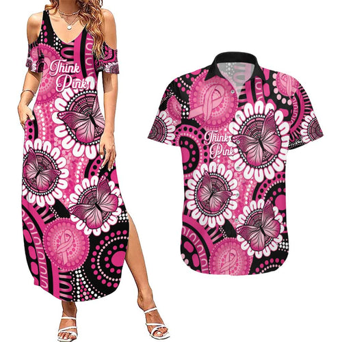 Personalised Australia Indigenous Couples Matching Summer Maxi Dress and Hawaiian Shirt Breast Cancer Ribbon Think Pink - Black Version LT14
