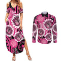 Personalised Australia Indigenous Couples Matching Summer Maxi Dress and Long Sleeve Button Shirt Breast Cancer Ribbon Think Pink - Black Version LT14