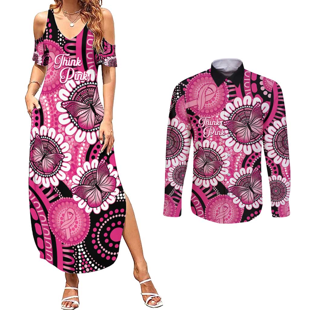 Personalised Australia Indigenous Couples Matching Summer Maxi Dress and Long Sleeve Button Shirt Breast Cancer Ribbon Think Pink - Black Version LT14