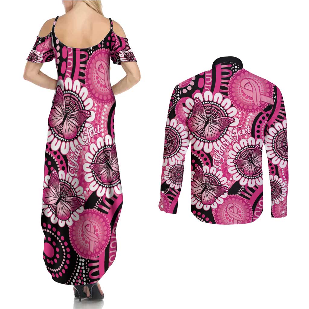Personalised Australia Indigenous Couples Matching Summer Maxi Dress and Long Sleeve Button Shirt Breast Cancer Ribbon Think Pink - Black Version LT14