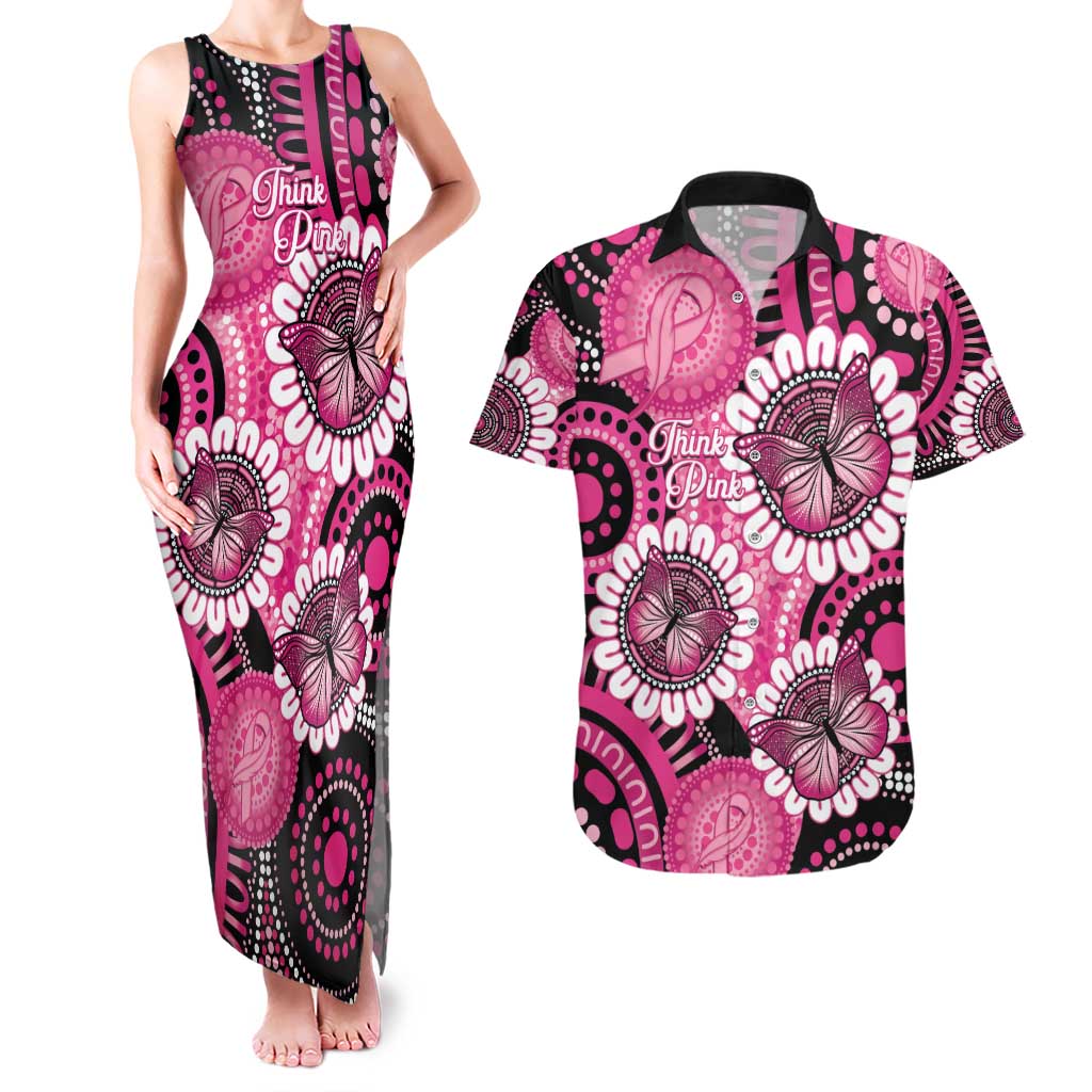 Personalised Australia Indigenous Couples Matching Tank Maxi Dress and Hawaiian Shirt Breast Cancer Ribbon Think Pink - Black Version LT14