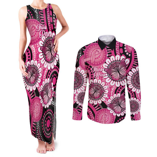 Personalised Australia Indigenous Couples Matching Tank Maxi Dress and Long Sleeve Button Shirt Breast Cancer Ribbon Think Pink - Black Version LT14