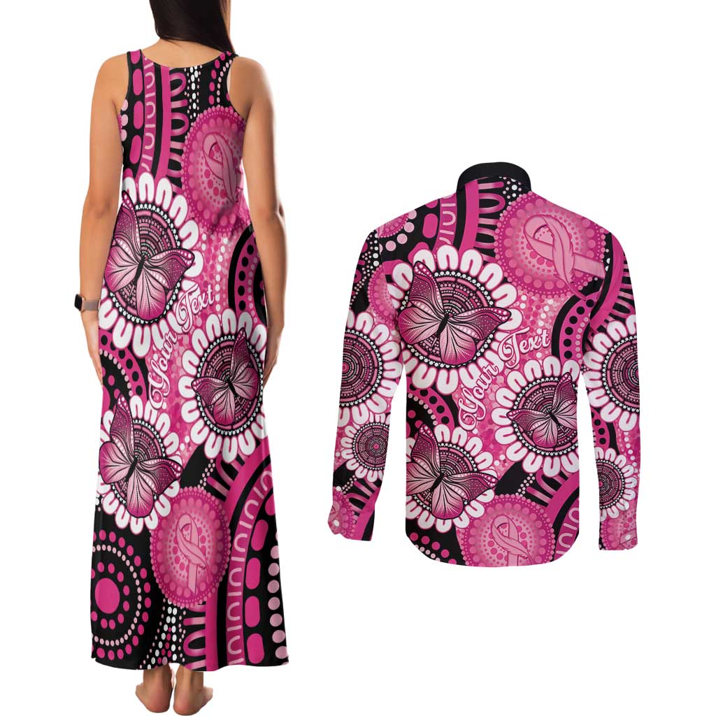 Personalised Australia Indigenous Couples Matching Tank Maxi Dress and Long Sleeve Button Shirt Breast Cancer Ribbon Think Pink - Black Version LT14