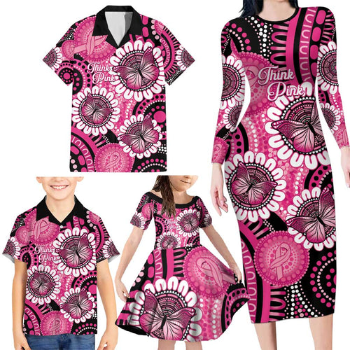 Personalised Australia Indigenous Family Matching Long Sleeve Bodycon Dress and Hawaiian Shirt Breast Cancer Ribbon Think Pink - Black Version LT14