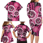 Personalised Australia Indigenous Family Matching Long Sleeve Bodycon Dress and Hawaiian Shirt Breast Cancer Ribbon Think Pink - Black Version LT14