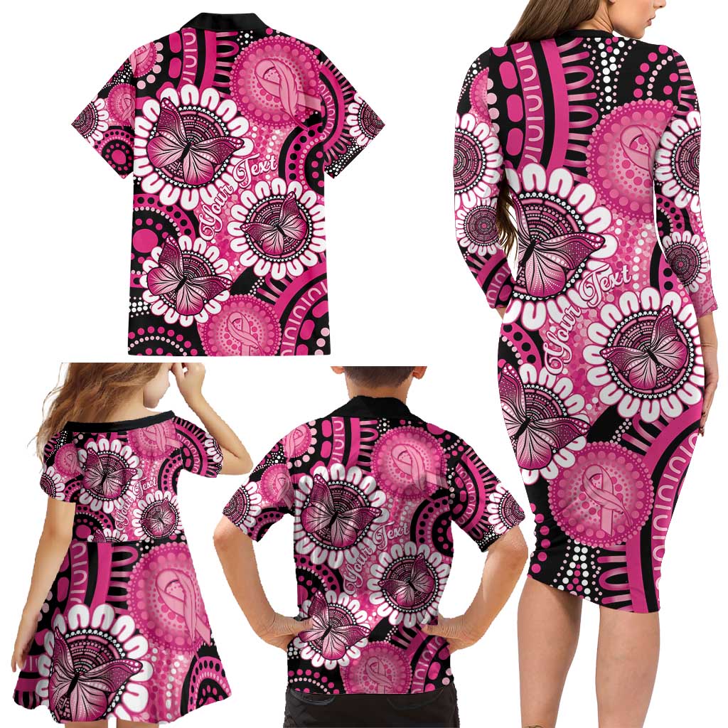 Personalised Australia Indigenous Family Matching Long Sleeve Bodycon Dress and Hawaiian Shirt Breast Cancer Ribbon Think Pink - Black Version LT14