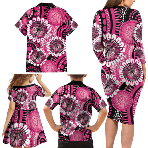 Personalised Australia Indigenous Family Matching Long Sleeve Bodycon Dress and Hawaiian Shirt Breast Cancer Ribbon Think Pink - Black Version LT14