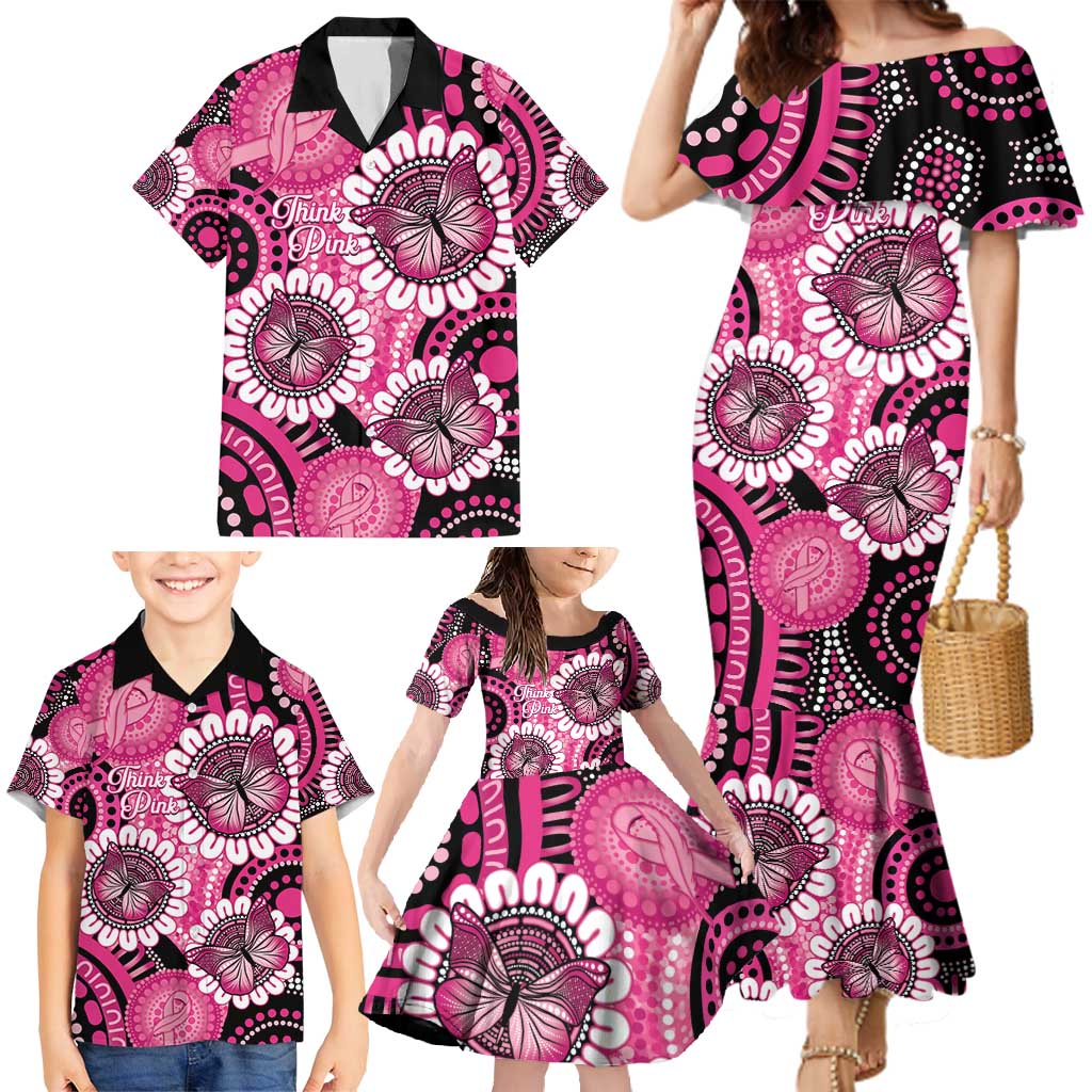 Personalised Australia Indigenous Family Matching Mermaid Dress and Hawaiian Shirt Breast Cancer Ribbon Think Pink - Black Version LT14