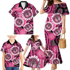 Personalised Australia Indigenous Family Matching Mermaid Dress and Hawaiian Shirt Breast Cancer Ribbon Think Pink - Black Version LT14