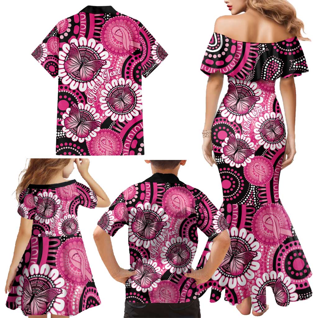 Personalised Australia Indigenous Family Matching Mermaid Dress and Hawaiian Shirt Breast Cancer Ribbon Think Pink - Black Version LT14