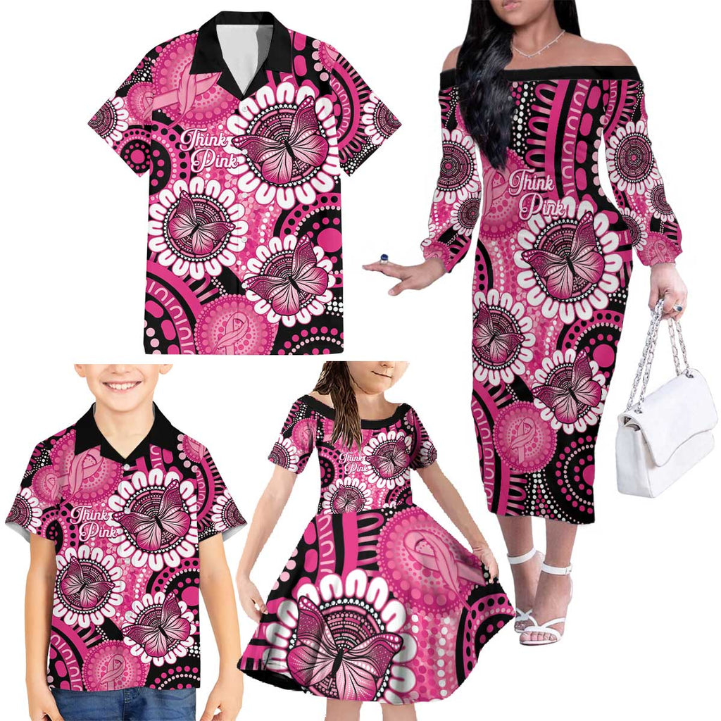 Personalised Australia Indigenous Family Matching Off The Shoulder Long Sleeve Dress and Hawaiian Shirt Breast Cancer Ribbon Think Pink - Black Version LT14