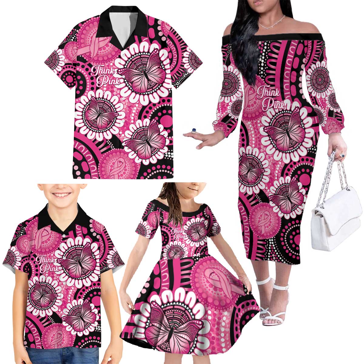 Personalised Australia Indigenous Family Matching Off The Shoulder Long Sleeve Dress and Hawaiian Shirt Breast Cancer Ribbon Think Pink - Black Version LT14