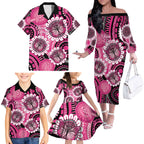 Personalised Australia Indigenous Family Matching Off The Shoulder Long Sleeve Dress and Hawaiian Shirt Breast Cancer Ribbon Think Pink - Black Version LT14