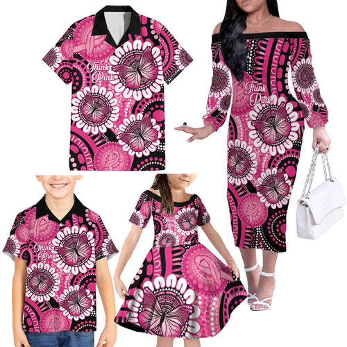 Personalised Australia Indigenous Family Matching Off The Shoulder Long Sleeve Dress and Hawaiian Shirt Breast Cancer Ribbon Think Pink - Black Version LT14
