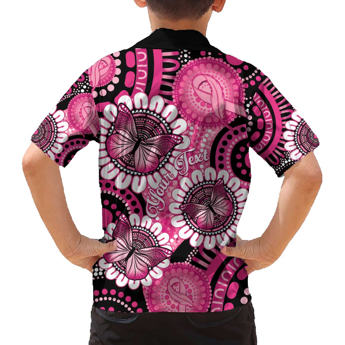 Personalised Australia Indigenous Family Matching Off The Shoulder Long Sleeve Dress and Hawaiian Shirt Breast Cancer Ribbon Think Pink - Black Version LT14