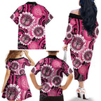 Personalised Australia Indigenous Family Matching Off The Shoulder Long Sleeve Dress and Hawaiian Shirt Breast Cancer Ribbon Think Pink - Black Version LT14