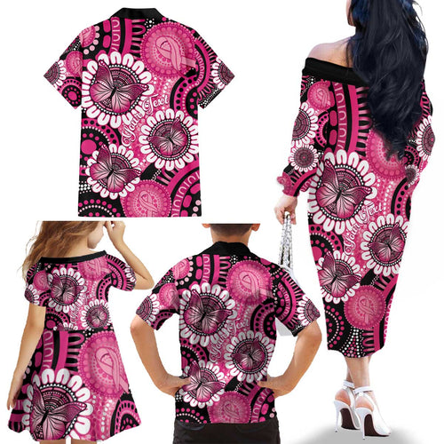 Personalised Australia Indigenous Family Matching Off The Shoulder Long Sleeve Dress and Hawaiian Shirt Breast Cancer Ribbon Think Pink - Black Version LT14