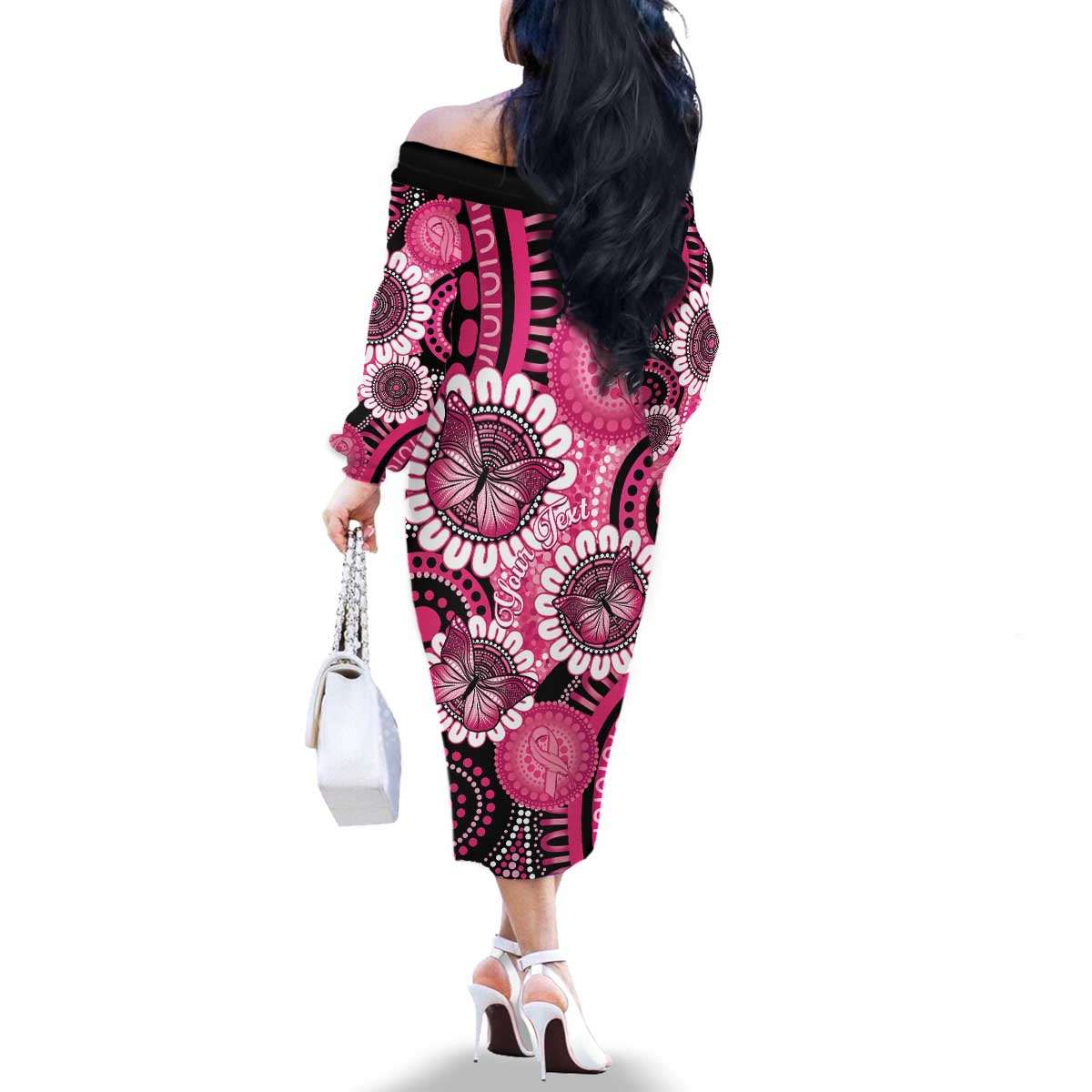 Personalised Australia Indigenous Family Matching Off The Shoulder Long Sleeve Dress and Hawaiian Shirt Breast Cancer Ribbon Think Pink - Black Version LT14