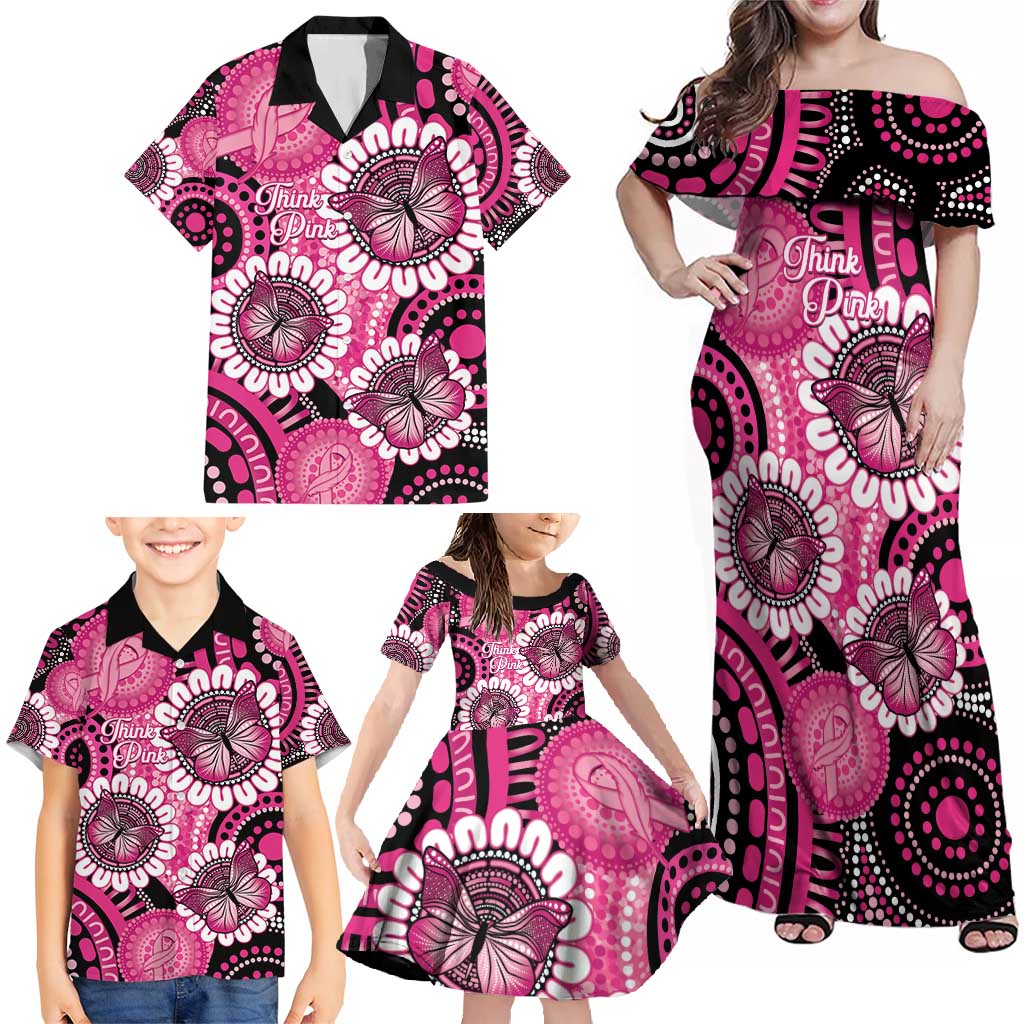 Personalised Australia Indigenous Family Matching Off Shoulder Maxi Dress and Hawaiian Shirt Breast Cancer Ribbon Think Pink - Black Version LT14