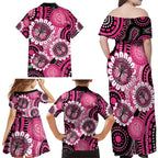 Personalised Australia Indigenous Family Matching Off Shoulder Maxi Dress and Hawaiian Shirt Breast Cancer Ribbon Think Pink - Black Version LT14