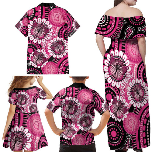 Personalised Australia Indigenous Family Matching Off Shoulder Maxi Dress and Hawaiian Shirt Breast Cancer Ribbon Think Pink - Black Version LT14
