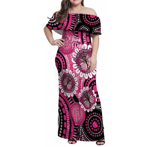 Personalised Australia Indigenous Family Matching Off Shoulder Maxi Dress and Hawaiian Shirt Breast Cancer Ribbon Think Pink - Black Version LT14