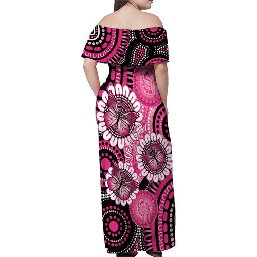 Personalised Australia Indigenous Family Matching Off Shoulder Maxi Dress and Hawaiian Shirt Breast Cancer Ribbon Think Pink - Black Version LT14