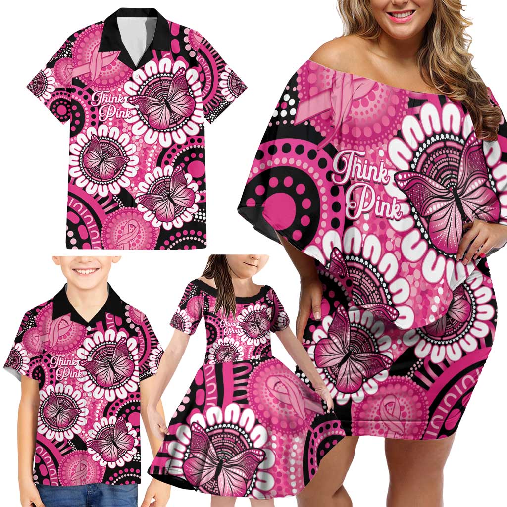 Personalised Australia Indigenous Family Matching Off Shoulder Short Dress and Hawaiian Shirt Breast Cancer Ribbon Think Pink - Black Version LT14