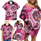 Personalised Australia Indigenous Family Matching Off Shoulder Short Dress and Hawaiian Shirt Breast Cancer Ribbon Think Pink - Black Version LT14