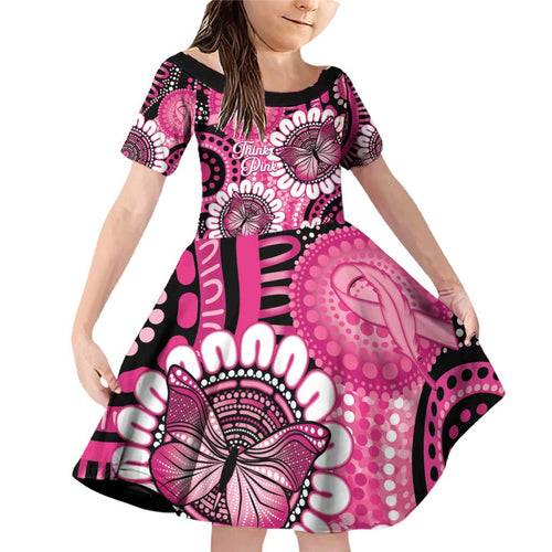 Personalised Australia Indigenous Family Matching Off Shoulder Short Dress and Hawaiian Shirt Breast Cancer Ribbon Think Pink - Black Version LT14
