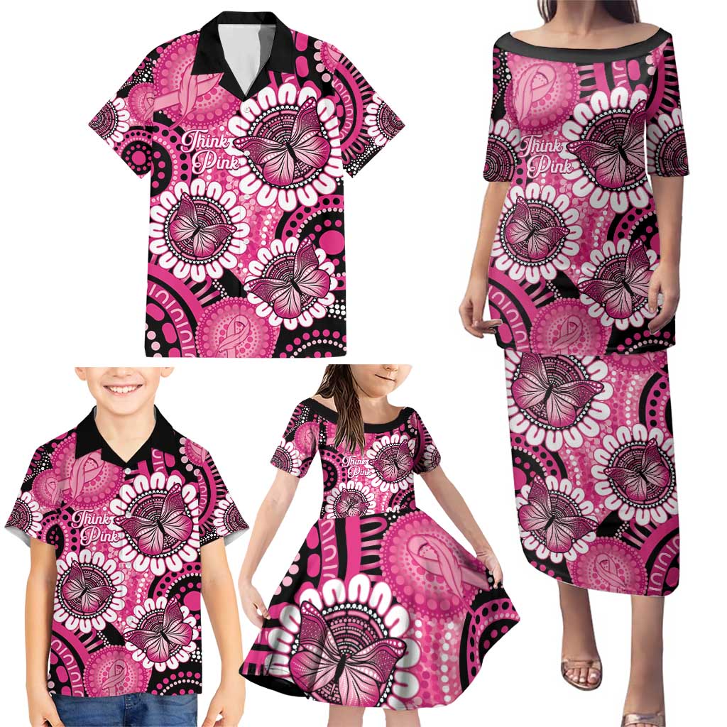 Personalised Australia Indigenous Family Matching Puletasi and Hawaiian Shirt Breast Cancer Ribbon Think Pink - Black Version LT14