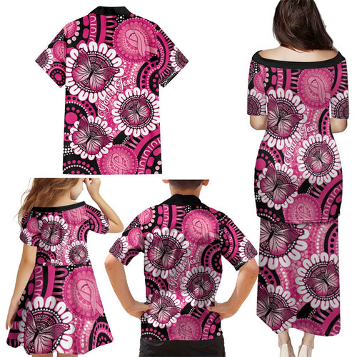 Personalised Australia Indigenous Family Matching Puletasi and Hawaiian Shirt Breast Cancer Ribbon Think Pink - Black Version LT14
