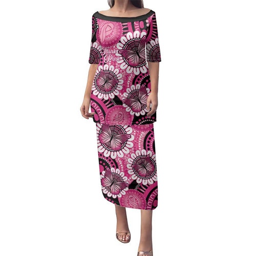 Personalised Australia Indigenous Family Matching Puletasi and Hawaiian Shirt Breast Cancer Ribbon Think Pink - Black Version LT14