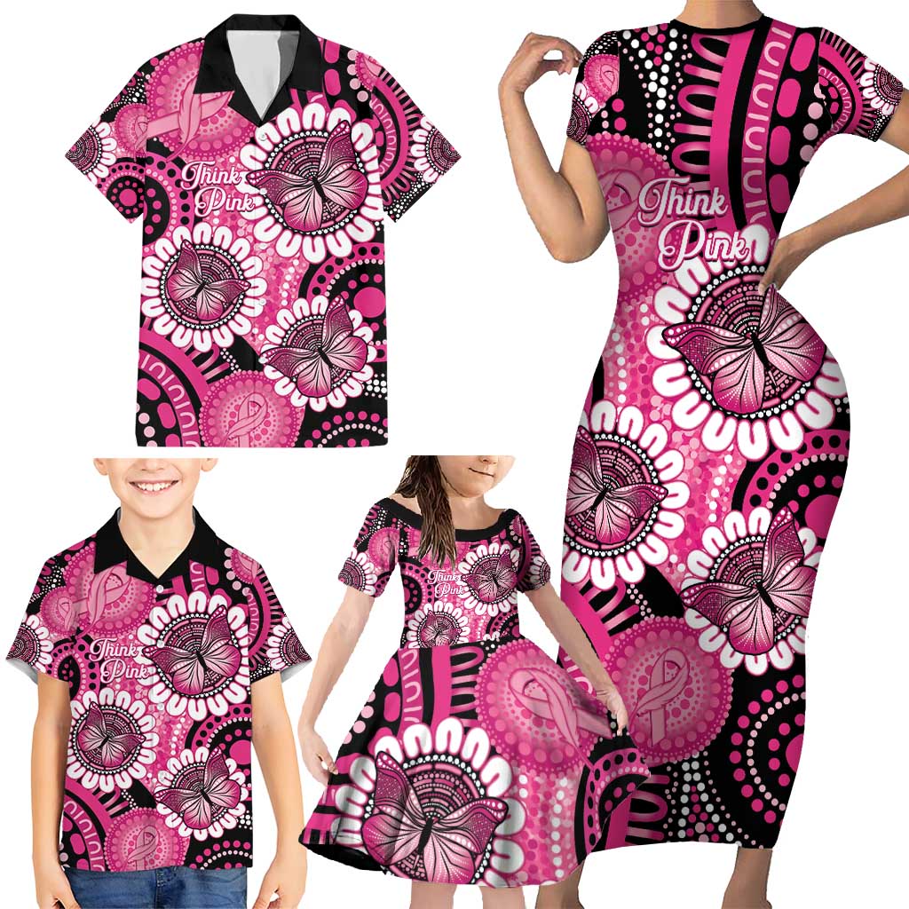 Personalised Australia Indigenous Family Matching Short Sleeve Bodycon Dress and Hawaiian Shirt Breast Cancer Ribbon Think Pink - Black Version LT14