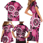 Personalised Australia Indigenous Family Matching Short Sleeve Bodycon Dress and Hawaiian Shirt Breast Cancer Ribbon Think Pink - Black Version LT14