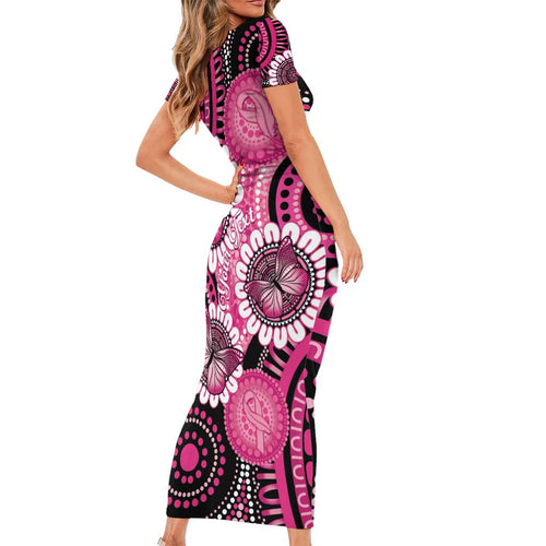 Personalised Australia Indigenous Family Matching Short Sleeve Bodycon Dress and Hawaiian Shirt Breast Cancer Ribbon Think Pink - Black Version LT14