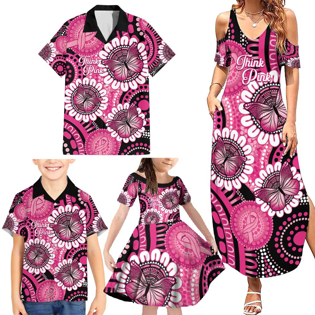 Personalised Australia Indigenous Family Matching Summer Maxi Dress and Hawaiian Shirt Breast Cancer Ribbon Think Pink - Black Version LT14