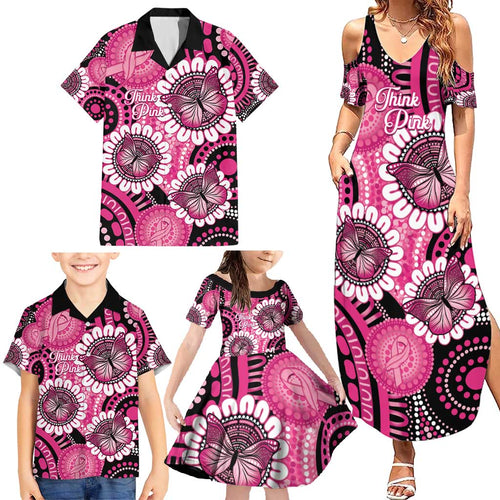 Personalised Australia Indigenous Family Matching Summer Maxi Dress and Hawaiian Shirt Breast Cancer Ribbon Think Pink - Black Version LT14