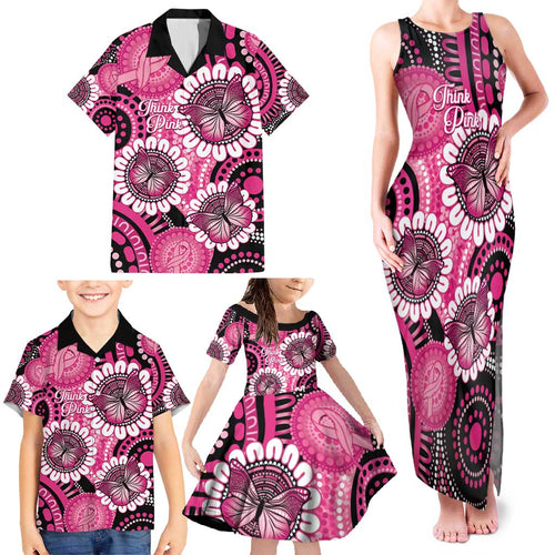 Personalised Australia Indigenous Family Matching Tank Maxi Dress and Hawaiian Shirt Breast Cancer Ribbon Think Pink - Black Version LT14