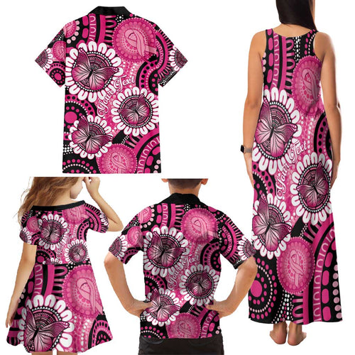 Personalised Australia Indigenous Family Matching Tank Maxi Dress and Hawaiian Shirt Breast Cancer Ribbon Think Pink - Black Version LT14