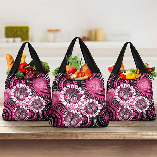 Personalised Australia Indigenous Grocery Bag Breast Cancer Ribbon Think Pink - Black Version LT14