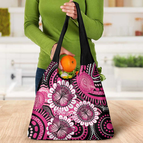 Personalised Australia Indigenous Grocery Bag Breast Cancer Ribbon Think Pink - Black Version LT14